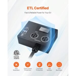 nema splitter for dryer and ev, 3 color led indicator, 240v smart power distribution, with nema 14 50 plug, two nema 14 50 outlets, 3.4 in lcd screen, max 40a dryer ev, tested to etl standard