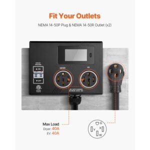 nema splitter for dryer and ev, 3 color led indicator, 240v smart power distribution, with nema 14 50 plug, two nema 14 50 outlets, 3.4 in lcd screen, max 40a dryer ev, tested to etl standard