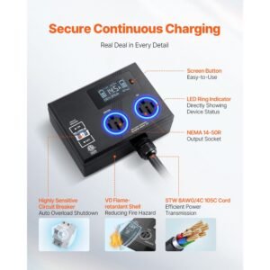 nema splitter for dryer and ev, 3 color led indicator, 240v smart power distribution, with nema 14 50 plug, two nema 14 50 outlets, 3.4 in lcd screen, max 40a dryer ev, tested to etl standard