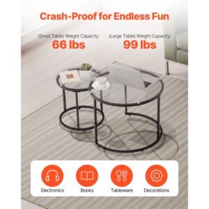 nesting coffee table set of 2, 23.6 in round coffee table, glass nesting tables for small place, modern end side tables night stand with metal frame, for living room, bedroom, balcony, office