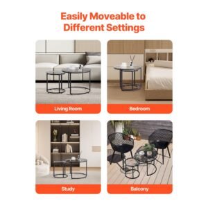 nesting coffee table set of 2, 23.6 in round coffee table, glass nesting tables for small place, modern end side tables night stand with metal frame, for living room, bedroom, balcony, office