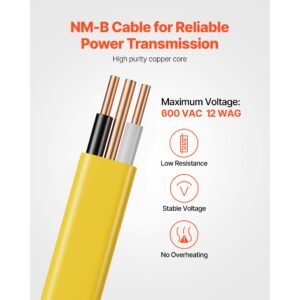 nm b wire, 12awg/2c non mettalic residential indoor electrical wire with ground, pvc sheathed high purity copper core cable, for outlets, switches, other loads & lighting wiring project(100 ft)