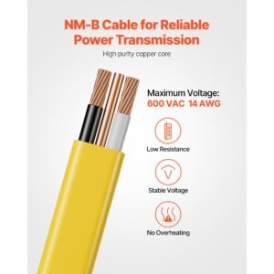 nm b wire, 14awg/2c non mettalic residential indoor electrical wire with ground, pvc sheathed high purity copper core cable, for outlets, switches, other loads & lighting wiring project(100 ft)