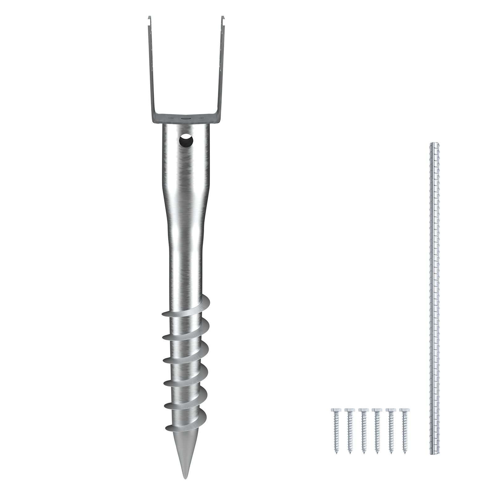 no dig ground anchor, 1 pack 3.94 x 2.76 x 27.56 in diy screw in post stake, includes 6 lag bolts & a rebar, u shape heavy duty steel post holder, great for mailbox posts and fence posts