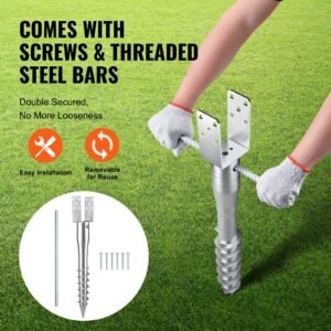 no dig ground anchor, 4 pack 3.94 x 2.76 x 27.56 in diy screw in post stake, includes 6 lag bolts & a rebar, u shape heavy duty steel post holder, great for mailbox posts and fence posts