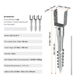 no dig ground anchor, 4 pack 3.94 x 2.76 x 27.56 in diy screw in post stake, includes 6 lag bolts & a rebar, u shape heavy duty steel post holder, great for mailbox posts and fence posts