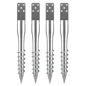 no dig ground anchor, 4 pack 3.94 x 2.76 x 27.56 in diy screw in post stake, includes 6 lag bolts & a rebar, u shape heavy duty steel post holder, great for mailbox posts and fence posts