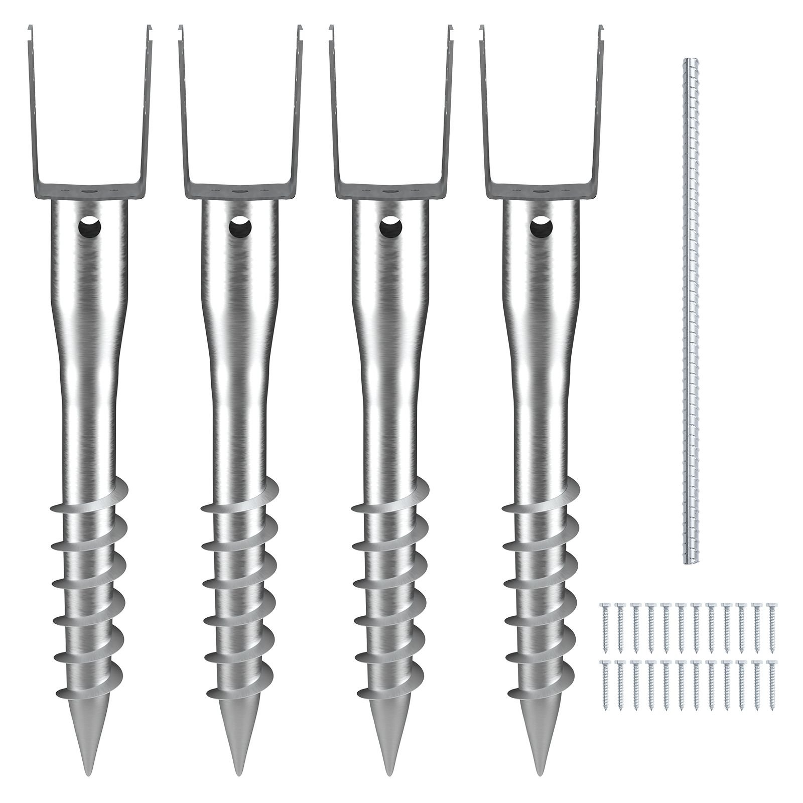 no dig ground anchor, 4 pack 3.94 x 2.76 x 27.56 in diy screw in post stake, includes 6 lag bolts & a rebar, u shape heavy duty steel post holder, great for mailbox posts and fence posts