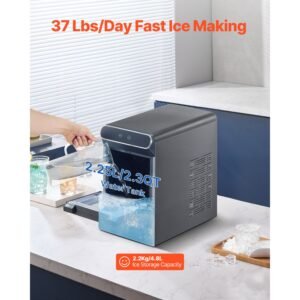 nugget ice maker, 37lbs/24h pebble ice maker with self cleaning, chewable ice maker with ice scoop and basket, stainless steel ice machine with convenient ice transfer for home kitchen office