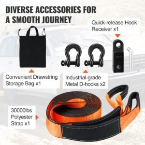 off road recovery kit, 3" x 30', heavy duty winch recovery kit with 30,000 lbs tow strap, 44,092 lbs d ring shackles, shackle receiver and storage bag, for atvs, jeeps, off road vehicles, trucks