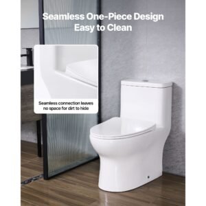 one piece toilet, elongated toilet vortex dual flush 1.0/1.28 gpf, toilets for bathroom with comfortable chair seat, standard height, 12 inch rough in, white + silver, easy clean skirted design