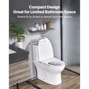 one piece toilet, elongated toilet vortex dual flush 1.0/1.28 gpf, toilets for bathroom with comfortable chair seat, standard height, 12 inch rough in, white + silver, easy clean skirted design