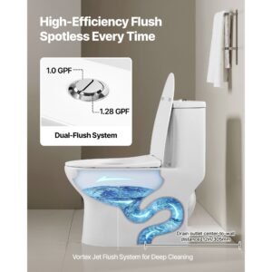 one piece toilet, elongated toilet vortex dual flush 1.0/1.28 gpf, toilets for bathroom with comfortable chair seat, standard height, 12 inch rough in, white + silver, easy clean skirted design