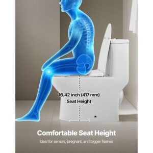 one piece toilet, elongated toilet vortex dual flush 1.0/1.28 gpf, toilets for bathroom with comfortable chair seat, standard height, 12 inch rough in, white + silver, easy clean skirted design
