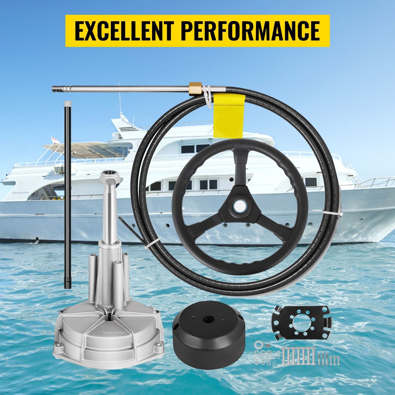 outboard steering system 10' boat steering cable 10 feet marine steering system 3/4'' shaft with 13.5 inch wheel for yachts and waterborne vehicles