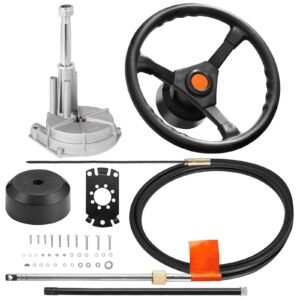 Outboard Steering System 10' Steering Cable Marine Steering System 3/4'' Steering Shaft with 13.5 Inch Wheel Flat Interface Marine Steering Kit for Yachts and Waterborne Vehicles, Black