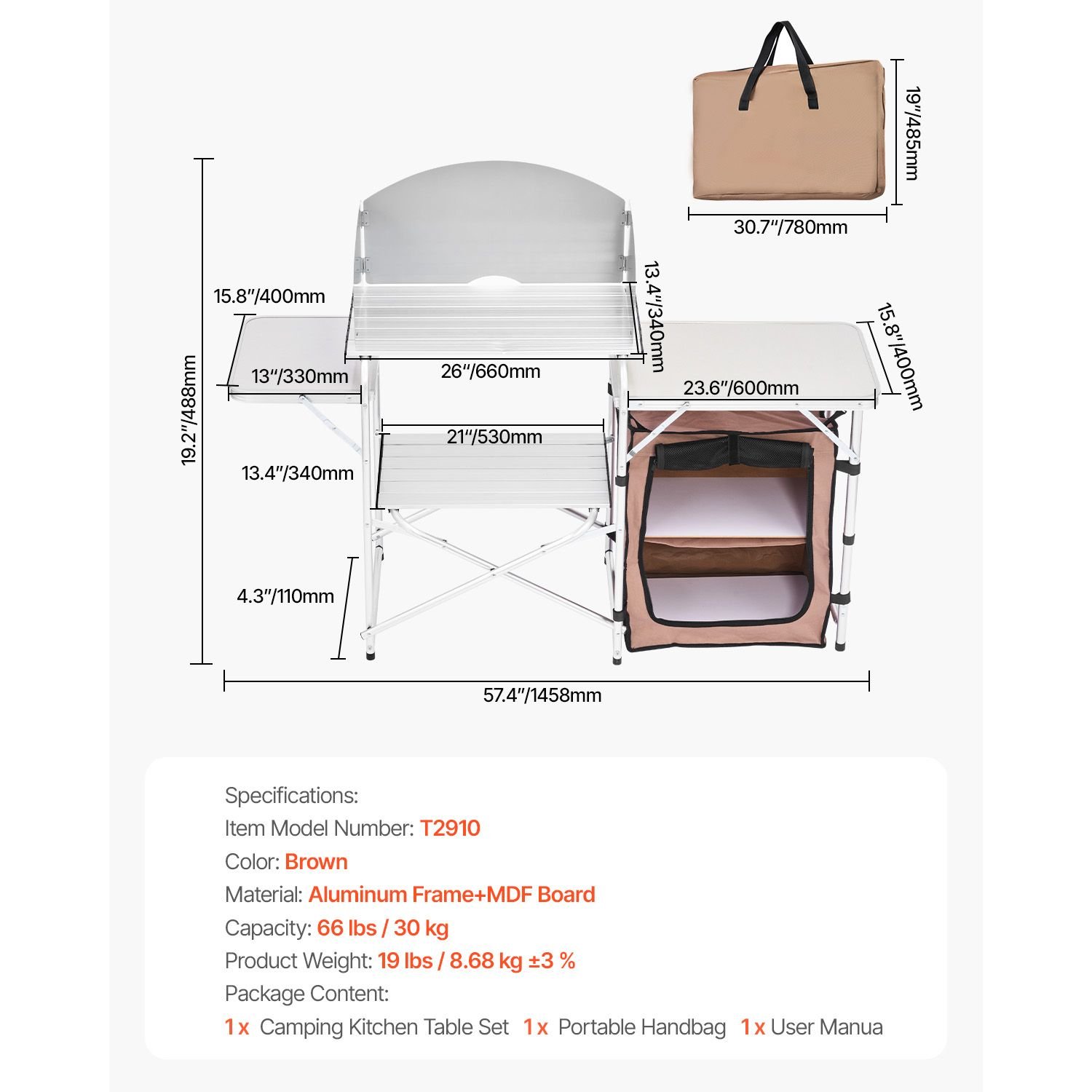 outdoor 2 tier kitchen with zippered bag, portable folding cook table for bbq, party and camping, brown
