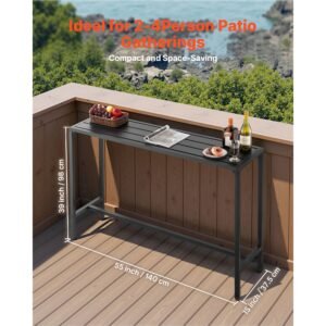 outdoor bar table, 55 x 15 in patio bar table, waterproof top & sturdy metal frame, rectangle counter height dining tables, outdoor furniture for balcony, yard, hot tub, poolside, indoor