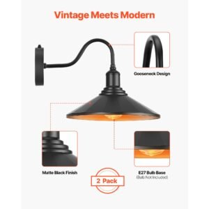 outdoor barn light, 11.5 in diameter, 2 pack farmhouse gooseneck light fixture, dusk to dawn exterior wall sconce, with anti rust, e26 bulb compatible for porch, house, entryway, garage, black
