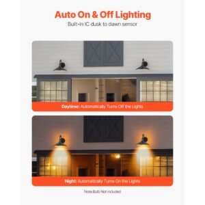 outdoor barn light, 11.5 in diameter, 2 pack farmhouse gooseneck light fixture, dusk to dawn exterior wall sconce, with anti rust, e26 bulb compatible for porch, house, entryway, garage, black