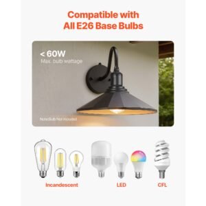 outdoor barn light, 11.5 in diameter, 2 pack farmhouse gooseneck light fixture, dusk to dawn exterior wall sconce, with anti rust, e26 bulb compatible for porch, house, entryway, garage, black
