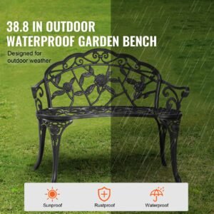 outdoor bench, 38.8 inches metal garden bench for outdoors,480 lbs load capacity bench, outdoor garden park bench with backrest and armrests, patio bench for garden, park, yard, front porch
