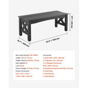 outdoor bench, 44.5 inch, 600 lbs weight capacity, weatherproof plastic frame with adjustable level footpads and thick leg, outside bench for patio, garden, park, yard, front porch, black