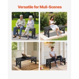 outdoor bench, 44.5 inch, 600 lbs weight capacity, weatherproof plastic frame with adjustable level footpads and thick leg, outside bench for patio, garden, park, yard, front porch, black