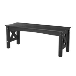 outdoor bench, 44.5 inch, 600 lbs weight capacity, weatherproof plastic frame with adjustable level footpads and thick leg, outside bench for patio, garden, park, yard, front porch, black