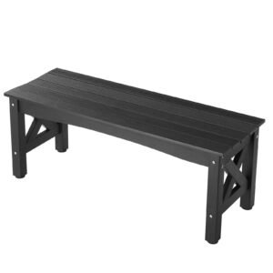 outdoor bench, 44.5 inch, 600 lbs weight capacity, weatherproof plastic frame with adjustable level footpads and thick leg, outside bench for patio, garden, park, yard, front porch, black