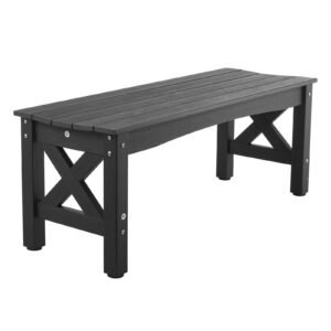 outdoor bench, 44.5 inch, 600 lbs weight capacity, weatherproof plastic frame with adjustable level footpads and thick leg, outside bench for patio, garden, park, yard, front porch, black