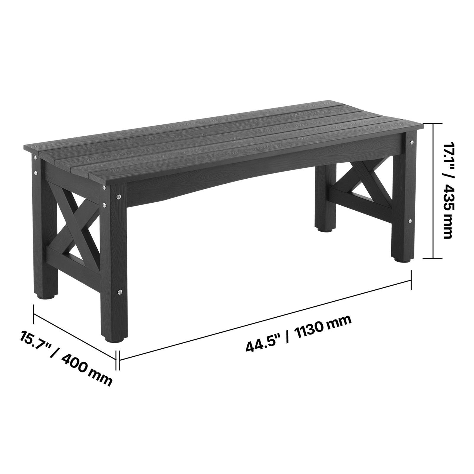outdoor bench, 44.5 inch, 600 lbs weight capacity, weatherproof plastic frame with adjustable level footpads and thick leg, outside bench for patio, garden, park, yard, front porch, black