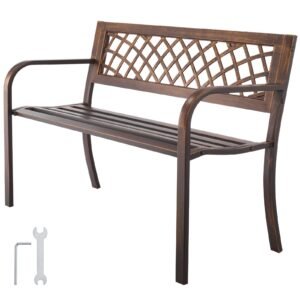 Outdoor Bench, 46 inch, Carbon Steel Metal Frame with PVC Mesh Pattern Backrest and Round Edge Armrests, Weatherproof Outside Bench for Patio, Garden, Park, Yard, Front Porch, Antique Bronze