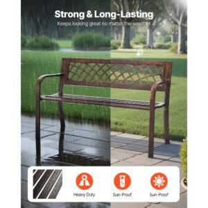 outdoor bench, 46 inch, carbon steel metal frame with pvc mesh pattern backrest and round edge armrests, weatherproof outside bench for patio, garden, park, yard, front porch, antique bronze