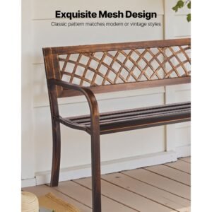 outdoor bench, 46 inch, carbon steel metal frame with pvc mesh pattern backrest and round edge armrests, weatherproof outside bench for patio, garden, park, yard, front porch, antique bronze