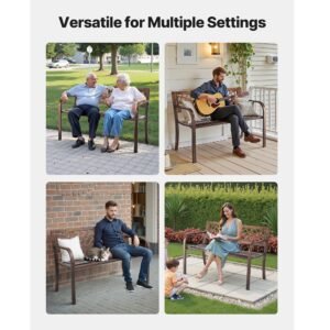 outdoor bench, 46 inch, carbon steel metal frame with pvc mesh pattern backrest and round edge armrests, weatherproof outside bench for patio, garden, park, yard, front porch, antique bronze