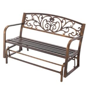 Outdoor Bench, 50 inch, Carbon Steel Metal Frame with Cast Iron Backrest and Round Edge Armrests, Weatherproof Outside Glider Bench for Patio, Garden, Park, Yard, Front Porch, Antique Bronze