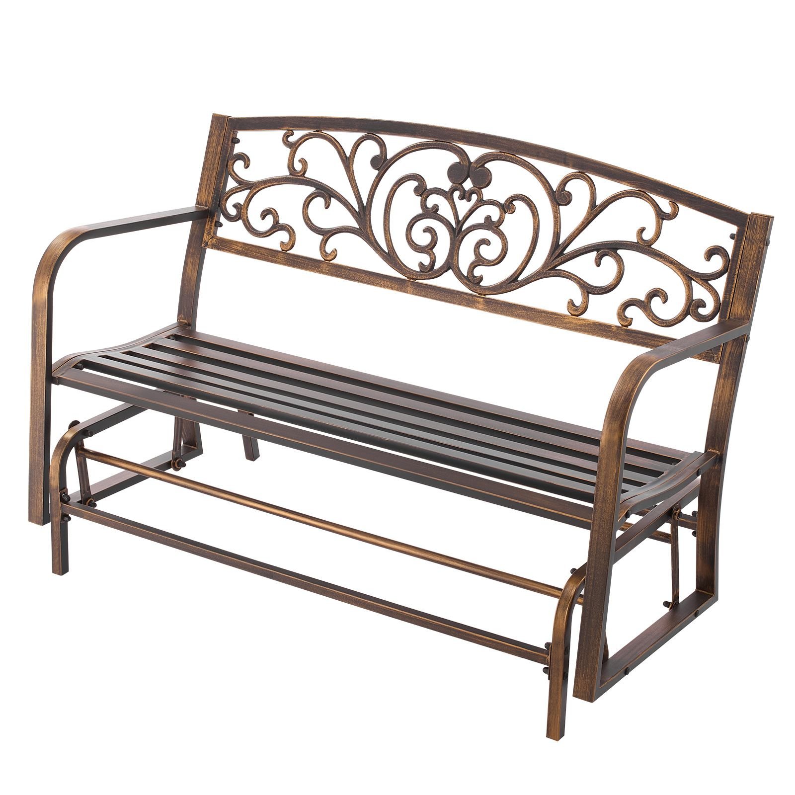 outdoor bench, 50 inch, carbon steel metal frame with cast iron backrest and round edge armrests, weatherproof outside glider bench for patio, garden, park, yard, front porch, antique bronze