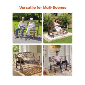 outdoor bench, 50 inch, carbon steel metal frame with cast iron backrest and round edge armrests, weatherproof outside glider bench for patio, garden, park, yard, front porch, antique bronze