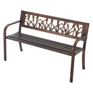 Outdoor Bench, 50 inch, Carbon Steel Metal Frame with PVC Floral Pattern Backrest and Round Edge Armrests, Weatherproof Outside Bench for Patio, Garden, Park, Yard, Front Porch, Antique Bronze