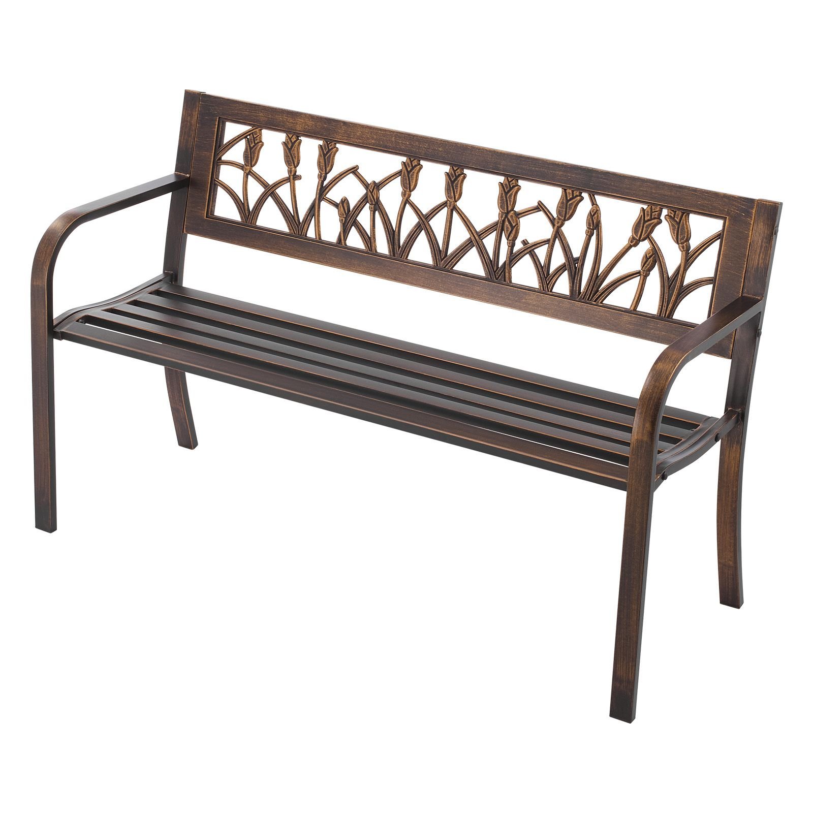 outdoor bench, 50 inch, carbon steel metal frame with pvc floral pattern backrest and round edge armrests, weatherproof outside bench for patio, garden, park, yard, front porch, antique bronze