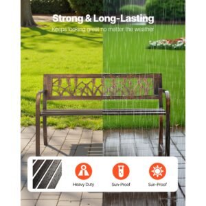 outdoor bench, 50 inch, carbon steel metal frame with pvc floral pattern backrest and round edge armrests, weatherproof outside bench for patio, garden, park, yard, front porch, antique bronze