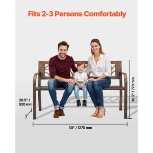 outdoor bench, 50 inch, carbon steel metal frame with pvc floral pattern backrest and round edge armrests, weatherproof outside bench for patio, garden, park, yard, front porch, antique bronze