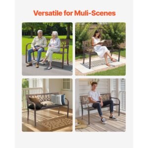outdoor bench, 50 inch, carbon steel metal frame with pvc floral pattern backrest and round edge armrests, weatherproof outside bench for patio, garden, park, yard, front porch, antique bronze