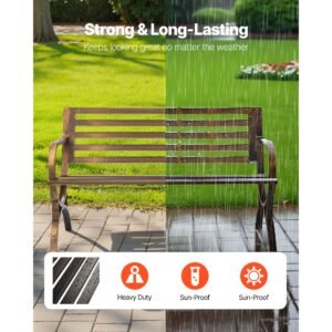 outdoor bench, 50 inch, carbon steel metal frame with slatted pattern backrest and round edge armrests, weatherproof outside bench for patio, garden, park, yard, front porch, antique bronze