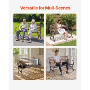 outdoor bench, 50 inch, carbon steel metal frame with slatted pattern backrest and round edge armrests, weatherproof outside bench for patio, garden, park, yard, front porch, antique bronze