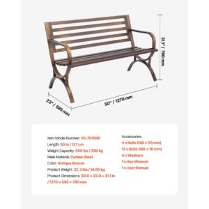 outdoor bench, 50 inch, carbon steel metal frame with slatted pattern backrest and round edge armrests, weatherproof outside bench for patio, garden, park, yard, front porch, antique bronze