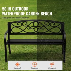 outdoor bench, 50 inches metal garden bench for outdoors, 550 lbs load capacity bench, outdoor garden park bench with backrest and armrests, patio bench for garden, park, yard, front porch
