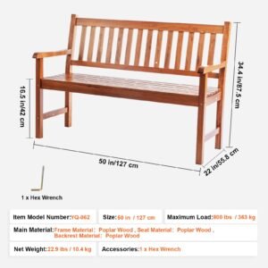 outdoor bench, 50 inches wood garden bench for outdoors, outdoor garden park bench with backrest and armrests, 800 lbs load capacity bench, patio bench for garden, park, yard, front porch