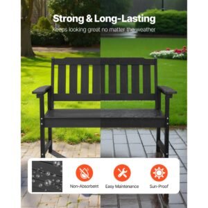 outdoor bench, 50.5 inch, 800 lbs weight capacity for 2 3 persons, weatherproof plastic frame with backrest and wide armrests, outside bench for patio, garden, park, yard, front porch, black